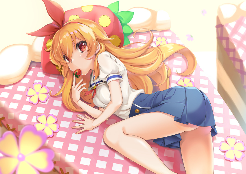 1girl aikatsu! aikatsu!_(series) arm_support bangs beige_background blue_skirt breasts brown_hair closed_mouth collared_shirt commentary_request eyebrows_behind_hair food fruit hair_over_one_eye hair_ribbon hairband highres hoshimiya_ichigo long_hair looking_at_viewer lying nail_polish on_side pink_nails pleated_skirt puffy_short_sleeves puffy_sleeves red_eyes red_hairband red_ribbon ribbon shirt short_sleeves skirt small_breasts solo strawberry very_long_hair wapokichi white_shirt