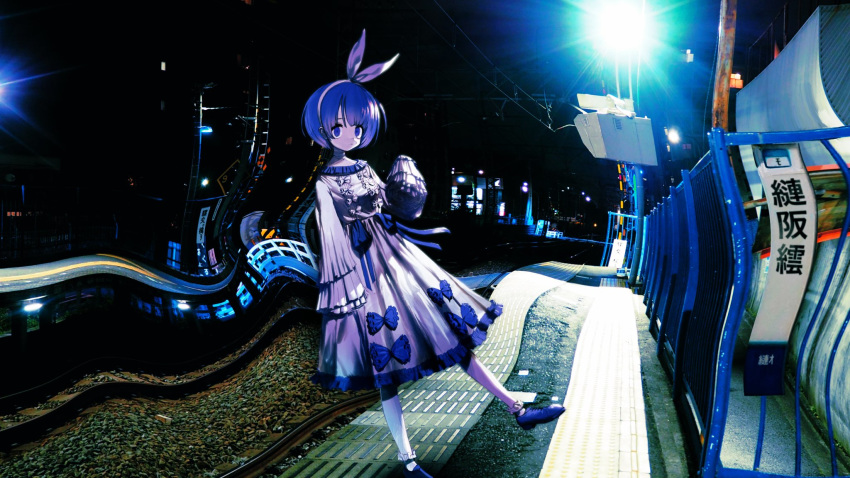 1girl :o afternooners blue_eyes blue_hair bow distortion dress empty_eyes fence frilled_dress frills hair_bow headband highres lens_flare looking_at_viewer night original outdoors pants photo_background railroad_tracks shoes short_hair sleeves_past_wrists solo standing standing_on_one_leg train_station white_pants