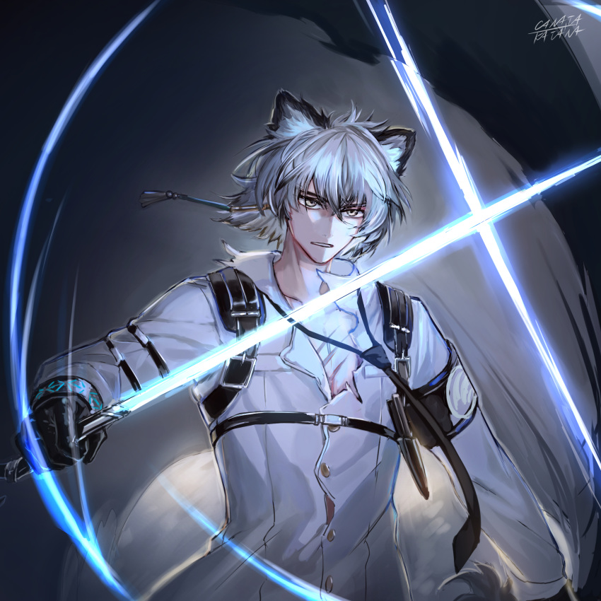 1boy animal_ears arknights armband artist_name bangs black_gloves canata_katana clenched_teeth commentary_request energy_sword gloves grey_background grey_eyes hair_between_eyes highres holding holding_sword holding_weapon leopard_ears lightsaber long_sleeves male_focus scar shirt signature silver_hair silverash_(arknights) sword teeth upper_body weapon white_shirt