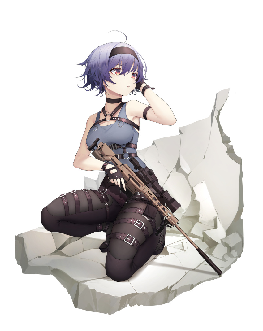 absurdres ahoge bangs bare_arms bare_shoulders black_hairband blue_hair breasts collarbone commentary_request copyright_request eyebrows_visible_through_hair gloves gun hair_between_eyes hairband highres holding holding_gun holding_weapon kneeling medium_breasts multicolored_hair o-ring pants rifle short_hair simple_background sniper_rifle solo tian115 two-tone_hair weapon white_background white_hair