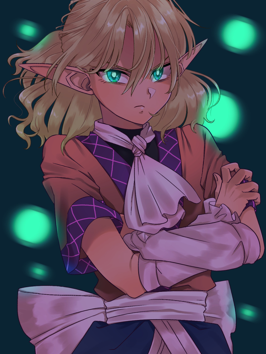 1girl :&lt; arm_warmers ascot blonde_hair blue_background blue_skirt blurry blurry_background bright_pupils brown_shirt commentary crossed_arms danmaku frown furrowed_eyebrows green_eyes hair_between_eyes highres medium_hair mito_(mo96g) mizuhashi_parsee motion_blur pointy_ears sash shiny shiny_hair shirt short_sleeves skirt solo standing touhou tsurime undershirt white_neckwear