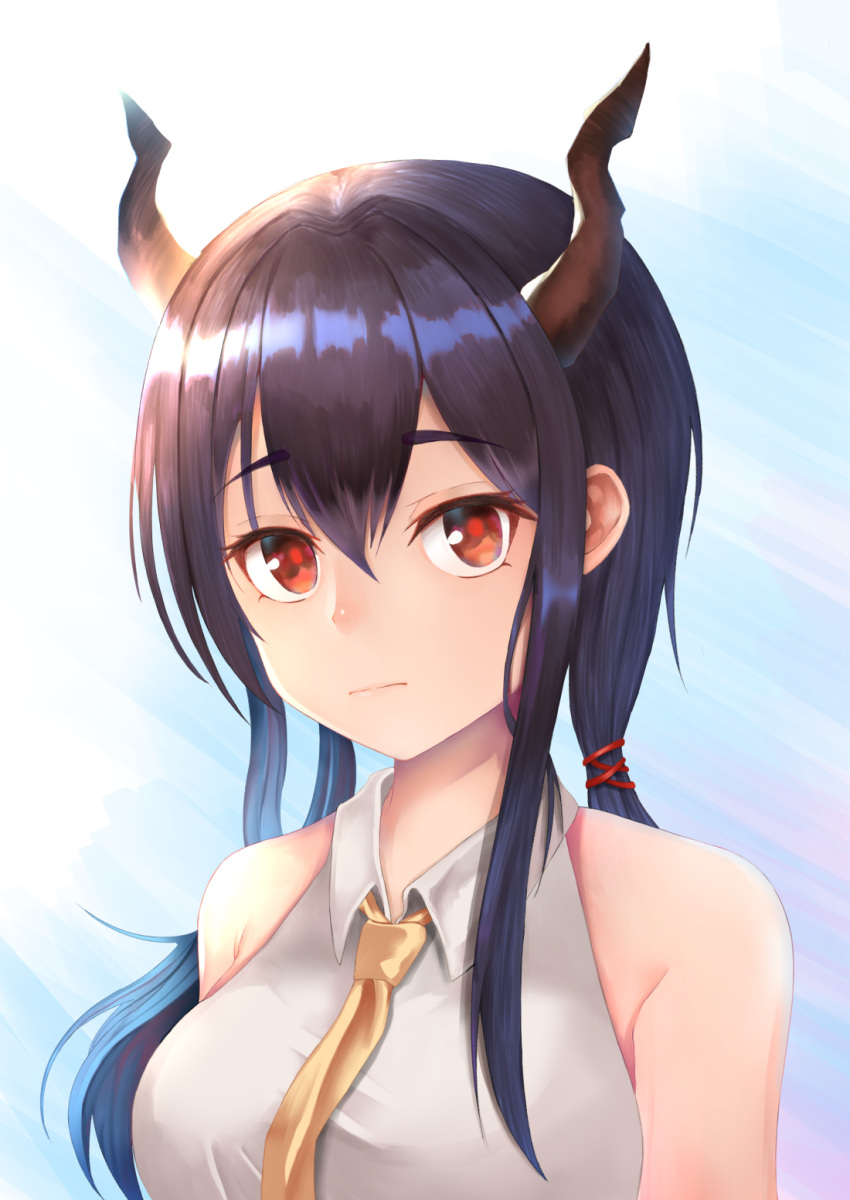 1girl arknights bangs bare_shoulders blue_background blue_hair breasts ch'en_(arknights) commentary dragon_horns eyebrows_visible_through_hair hair_between_eyes highres horns large_breasts long_hair looking_at_viewer low_twintails multicolored multicolored_background necktie purple_background red_eyes shirt sidelocks sleeveless sleeveless_shirt solo twintails upper_body white_background white_shirt xkezty yellow_neckwear