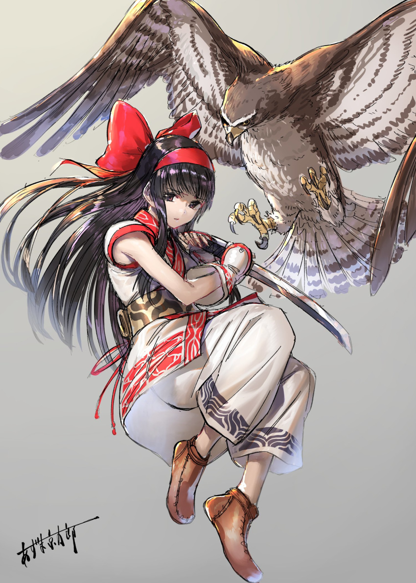 1girl ainu_clothes azuma_kyoutarou_(artist) bird black_hair hair_ribbon highres long_hair mamahaha nakoruru ribbon samurai_spirits sword talons weapon wings