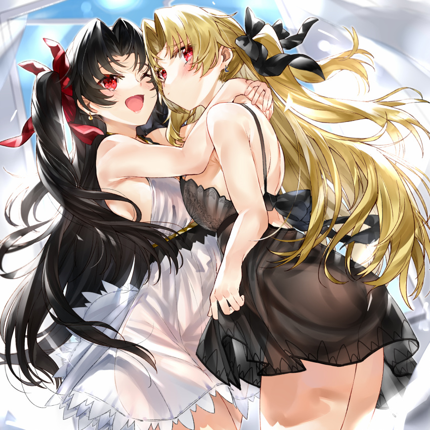 2girls ;d ass bangs bare_arms bare_shoulders black_bow black_dress black_hair black_ribbon blonde_hair blush bow breasts closed_mouth cowboy_shot crescent crescent_earrings curtains dress earrings ereshkigal_(fate/grand_order) fate/grand_order fate_(series) hair_bow highres hug indoors ishtar_(fate)_(all) ishtar_(fate/grand_order) jewelry kou_mashiro long_hair looking_at_viewer medium_breasts multiple_girls one_eye_closed open_mouth open_window parted_bangs red_bow red_eyes ribbon sideboob sleeveless sleeveless_dress smile thighs two_side_up very_long_hair white_dress window