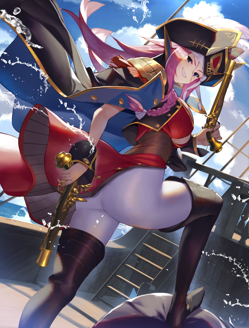 1girl absurdres ass bandaged_head bandages blue_eyes blue_sky boots braid breasts brown_footwear clouds droplets facial_scar fate/grand_order fate_(series) francis_drake_(fate) from_behind grin gun handgun hat highres holding holding_gun holding_weapon huge_filesize jacket_on_shoulders knee_boots large_breasts long_hair pants pink_hair pirate pirate_hat pirate_ship pistol scar shoulder_armor sky smile sukocchi water weapon white_pants