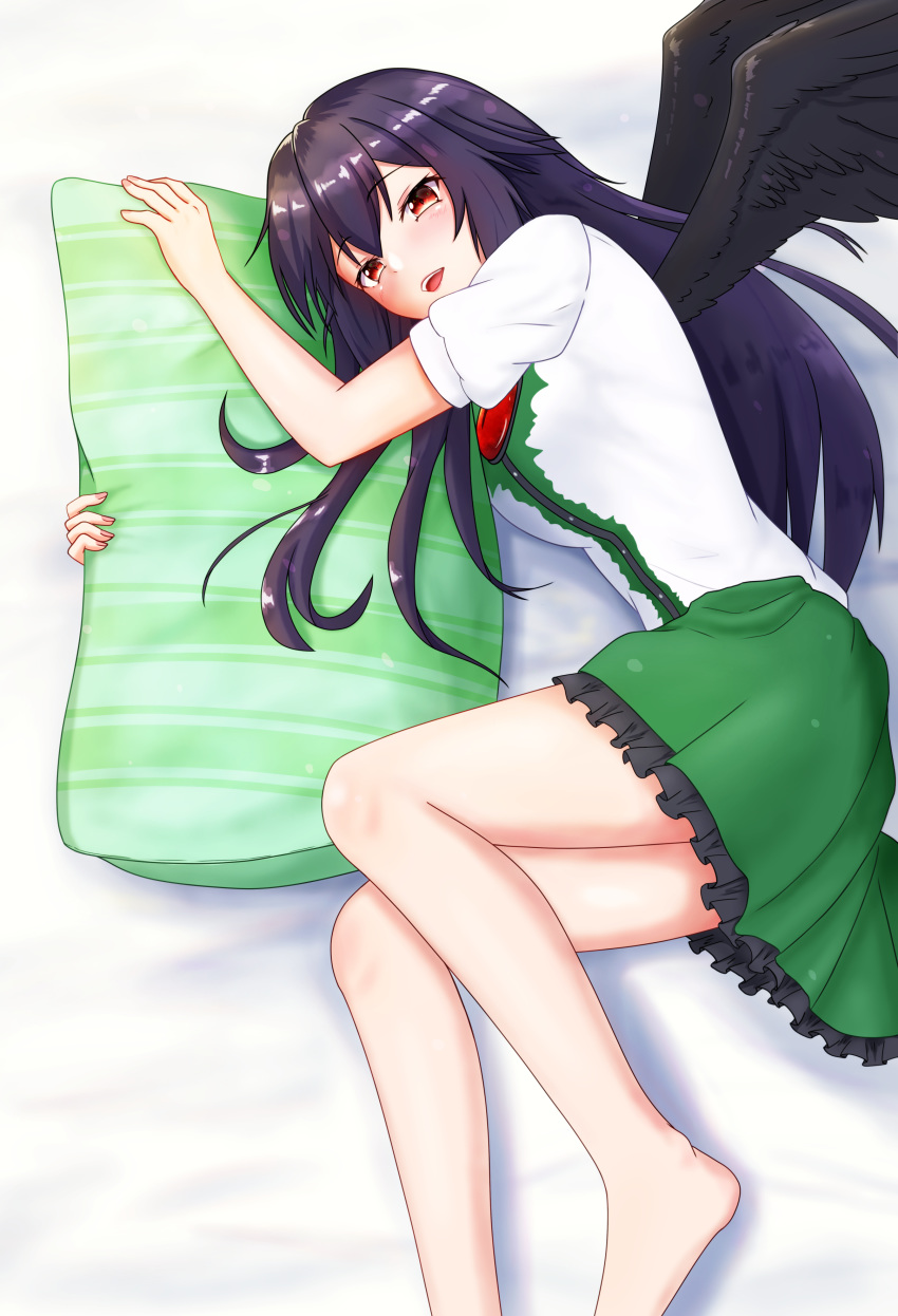 absurdres bare_legs bare_thighs barefoot black_hair blush green_skirt half-closed_eyes headwear_removed highres holding hug hugging_pillow long_hair lying o1118 object_hug on_bed on_side open_mouth pillow red_eyes reiuji_utsuho shirt skirt touhou white_shirt wings