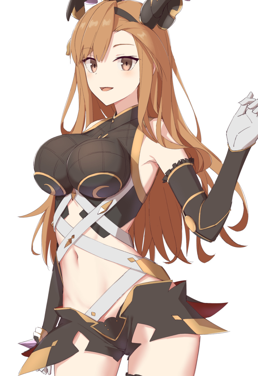1girl asymmetrical_bangs bangs belt black_shorts blush breasts brown_eyes crop_top elbow_gloves elfenlied22 gloves granblue_fantasy head_wings headband highres large_breasts light_brown_hair long_hair looking_at_viewer midriff navel open_mouth shorts simple_background smile solo song_(granblue_fantasy) thighs white_background white_belt