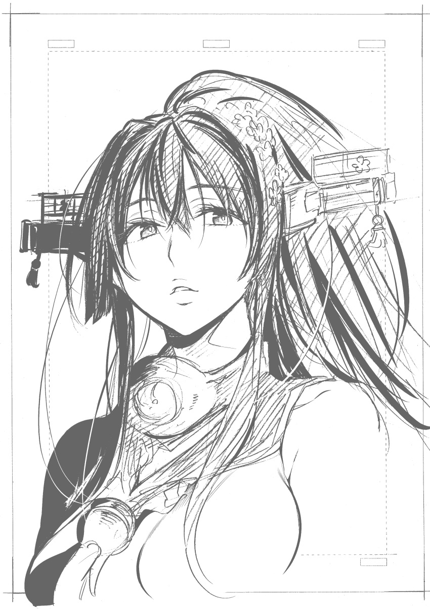 1girl absurdres breasts cherry_blossoms graphite_(medium) greyscale headgear highres kantai_collection kojima_takeshi long_hair medium_breasts monochrome parted_lips ponytail portrait solo traditional_media yamato_(kantai_collection)