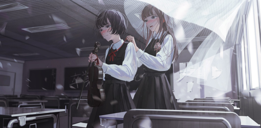 2girls black_hair blush brown_eyes brown_hair chair chalkboard classroom collared_shirt corsage crying crying_with_eyes_open curtains desk highres holding holding_instrument indoors instrument multiple_girls original putting_on_jewelry school_uniform shirt short_hair tears telu2307 violin violin_bow white_shirt window
