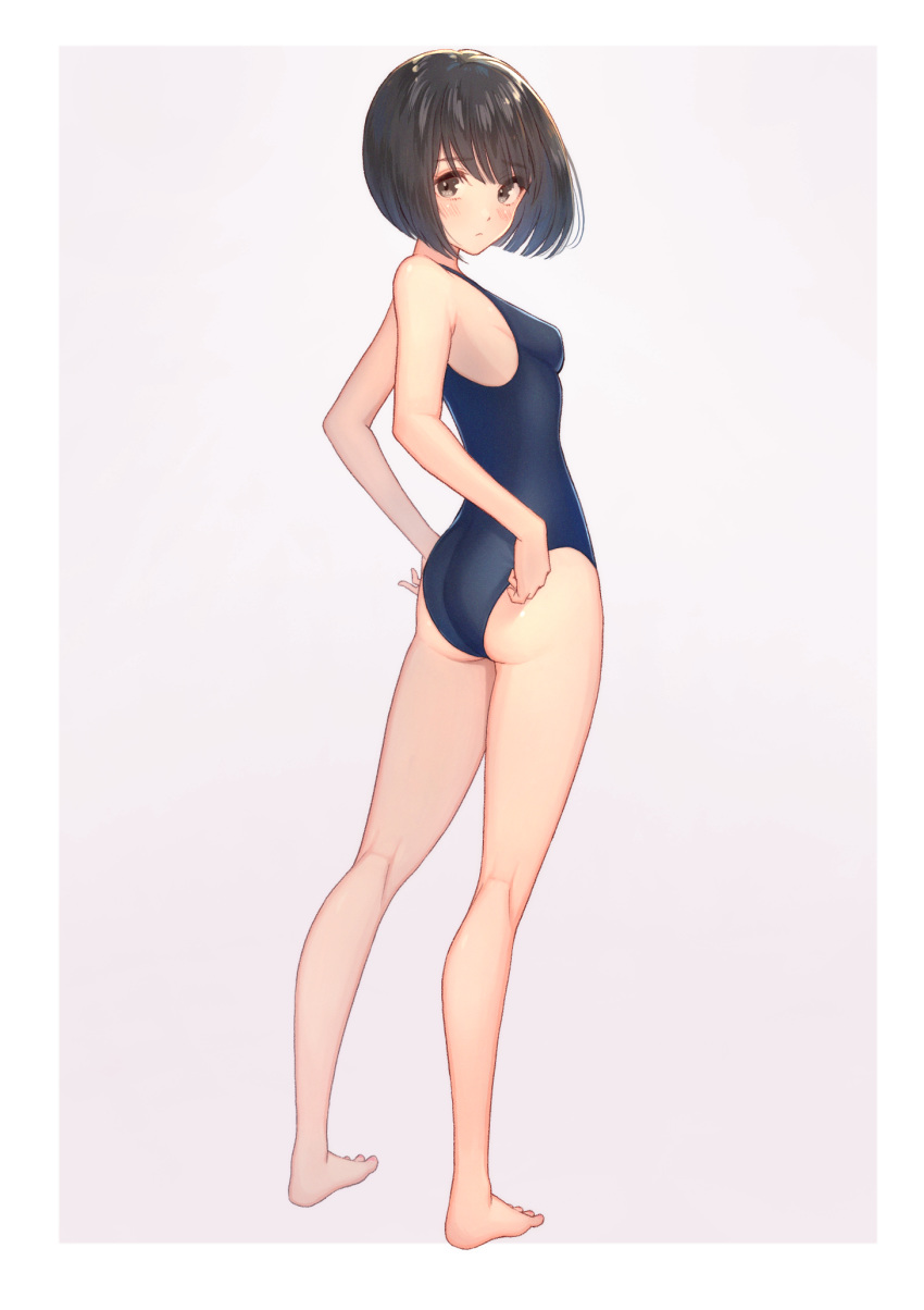 ass bangs bare_arms bare_legs bare_shoulders barefoot blue_swimsuit blush bob_cut border breasts closed_mouth commentary_request competition_swimsuit eyebrows_visible_through_hair from_behind full_body grey_background highres looking_at_viewer looking_back one-piece_swimsuit original short_hair simple_background small_breasts standing swimsuit tanbonota46 white_border