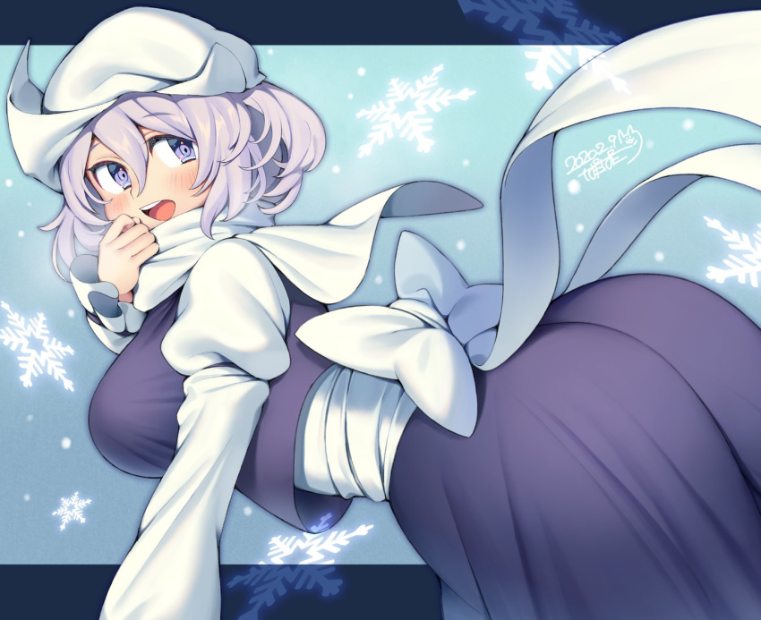 1girl ass blush bow breasts dated eyebrows_visible_through_hair hat iroyopon large_breasts letty_whiterock long_sleeves looking_at_viewer open_mouth short_hair signature silver_hair smile snowflakes solo touhou upper_teeth violet_eyes wavy_hair white_bow white_headwear