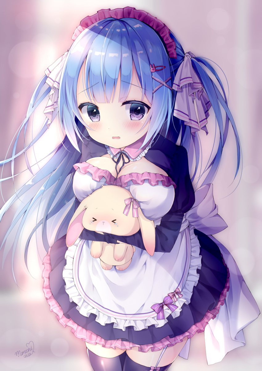 1girl absurdres apron bangs blue_hair blurry blurry_background breasts chia_momochi commentary_request dress eyebrows_visible_through_hair frills garter_straps hair_ornament highres holding long_hair maid maid_headdress open_mouth original signature solo stuffed_animal stuffed_toy thigh-highs two_side_up violet_eyes waist_apron x_hair_ornament