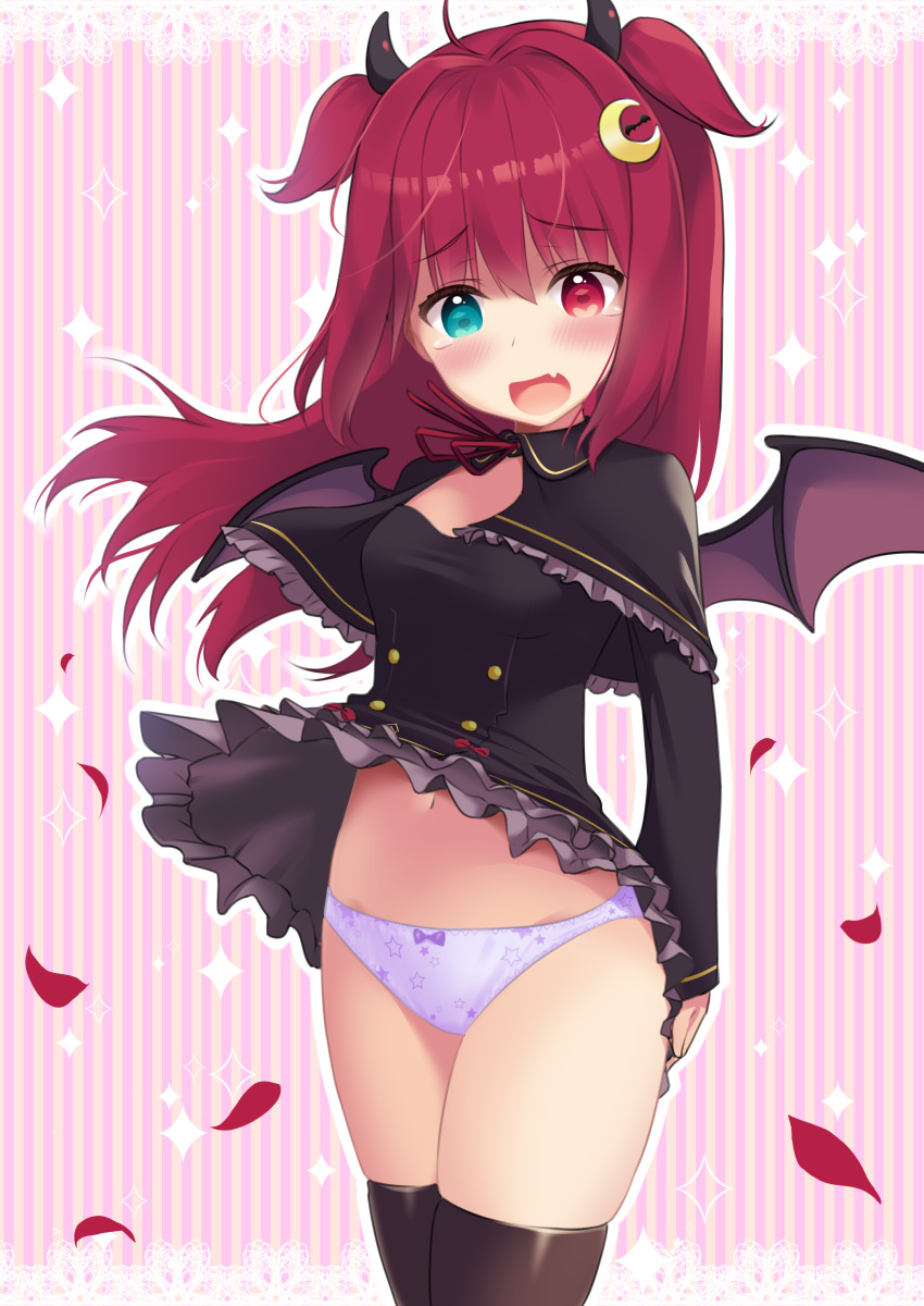 1girl absurdres bat_wings black_capelet black_dress blush bow bow_panties breasts brown_legwear brown_wings capelet commentary_request dress dress_lift fang frilled_capelet frilled_dress frills green_eyes highres long_hair long_sleeves mocchi neck_ribbon nijisanji open_mouth outline panties petals print_panties purple_panties red_bow red_eyes red_ribbon redhead ribbon skindentation small_breasts solo sparkle star star_panties star_print striped striped_background tears thigh-highs two_side_up underwear very_long_hair white_outline wind wind_lift wings yuzuki_roa