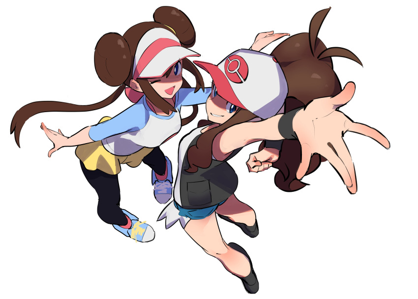 2girls absurdres arms_up bangs bare_shoulders baseball_cap black_footwear black_legwear black_vest blue_eyes boots bow breasts brown_hair cutoffs denim denim_shorts double_bun grin hat high_ponytail highres jikatarou legwear_under_shorts long_hair long_sleeves looking_at_viewer mei_(pokemon) multiple_girls one_eye_closed open_mouth pantyhose pink_bow pokemon pokemon_(game) pokemon_bw pokemon_bw2 raglan_sleeves shirt shoes short_shorts shorts sidelocks simple_background small_breasts smile sneakers tank_top touko_(pokemon) twintails very_long_hair vest visor_cap white_background white_shirt wristband yellow_shorts