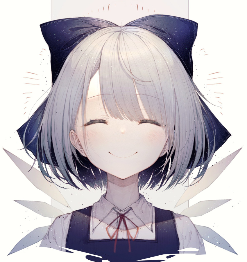 1girl ahoge blush bow cirno closed_eyes collared_shirt eyebrows_visible_through_hair fairy_wings grey_background hair_bow highres hito_komoru light_blue_hair looking_at_viewer neck_ribbon portrait red_neckwear ribbon shirt short_hair simple_background smile solo straight_hair touhou two-tone_background vest white_background white_shirt wings