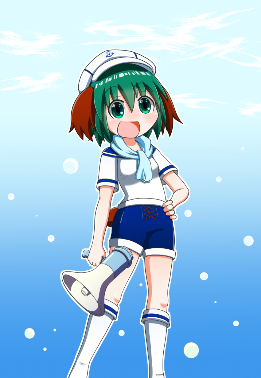 1girl :d air_bubble alternate_costume anchor_symbol animal_ears arm_at_side blue_background blue_sailor_collar blue_scarf blue_shorts blue_sky breasts bubble clouds commentary_request contrapposto eyebrows_visible_through_hair feet_out_of_frame gradient gradient_background green_eyes green_hair hair_between_eyes hand_on_hip hat highres holding_megaphone kasodani_kyouko kneehighs looking_at_viewer megaphone open_mouth outline partial_commentary rakugaki-biyori sailor_collar sailor_hat scarf shirt short_hair short_sleeves shorts sky small_breasts smile solo tail touhou white_headwear white_legwear white_shirt