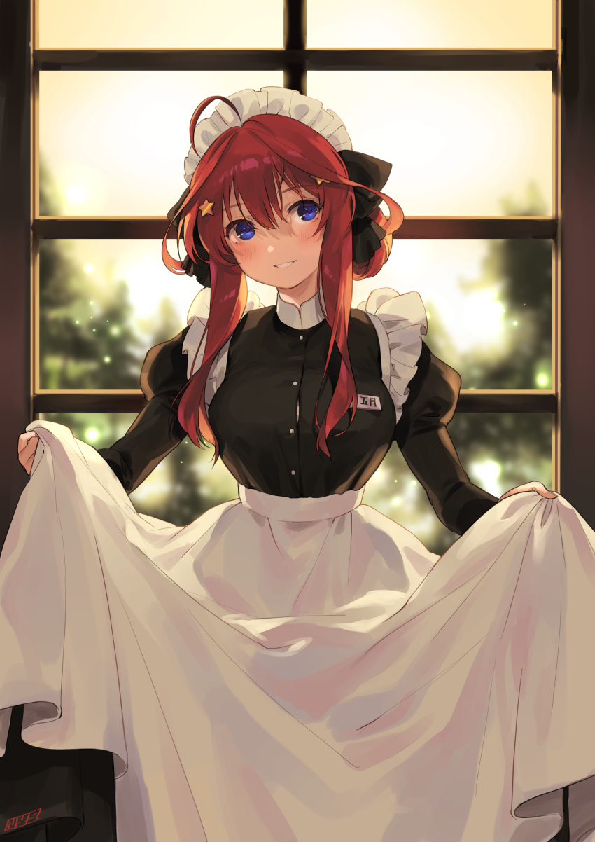 1girl absurdres ahoge alternate_costume apron apron_hold backlighting bangs black_bow black_dress blue_eyes blurry blurry_background blush bow breasts button_gap day depth_of_field dress enmaided eyebrows_visible_through_hair feet_out_of_frame frills go-toubun_no_hanayome hair_bow hair_ornament head_tilt highres indoors juliet_sleeves large_breasts long_hair long_sleeves looking_at_viewer maid nakano_itsuki name_tag nys parted_lips puffy_sleeves redhead smile solo standing standing_on_one_leg star star_hair_ornament waist_apron white_apron window