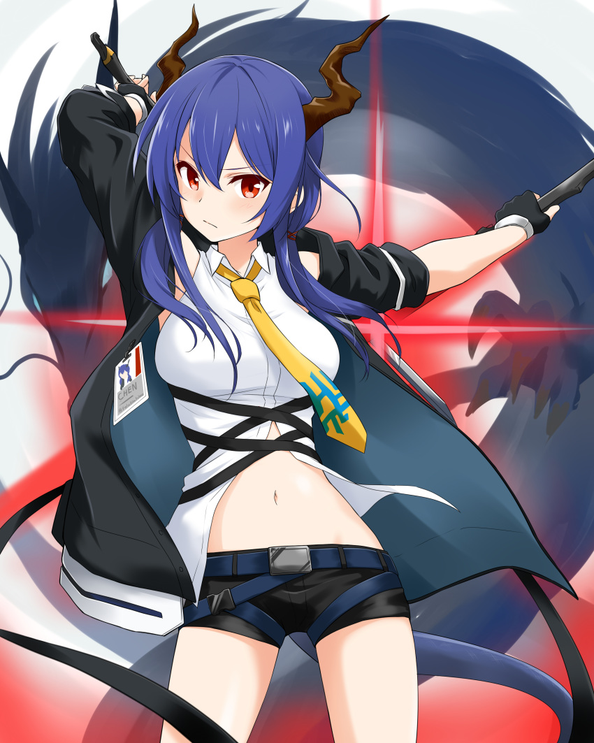 1girl absurdres arknights arms_up bangs black_gloves black_jacket black_shorts blue_hair blush breasts ch'en_(arknights) commentary cowboy_shot dragon_horns dragon_tail felutiahime fingerless_gloves gloves hair_between_eyes highres holding horns jacket long_hair long_sleeves looking_at_viewer low_twintails medium_breasts navel necktie open_clothes open_jacket red_eyes shirt short_shorts shorts solo standing stomach tail twintails v-shaped_eyebrows white_shirt yellow_neckwear