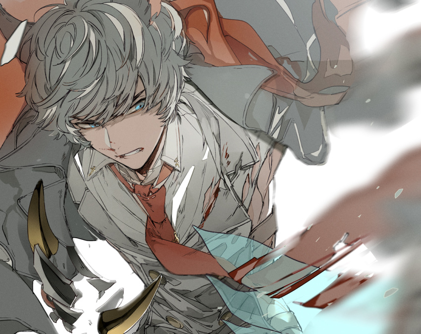 1boy animal_ears bangs blood blood_on_face clenched_teeth collared_shirt erune granblue_fantasy grey_jacket hair_between_eyes jacket male_focus necktie nehan_(granblue_fantasy) shirt silver_hair solo suou teeth white_background white_shirt