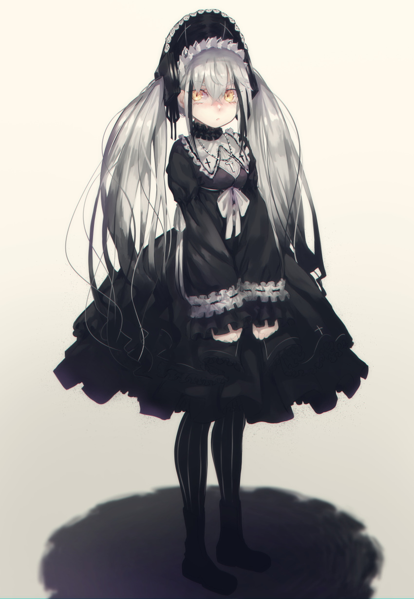 1girl absurdres alternate_costume choker cross cross_necklace destroyer_(girls_frontline) dress girls_frontline gothic_lolita headdress highres jewelry lolita_fashion long_hair looking_at_viewer necklace silver_hair solo torieto twintails very_long_hair yellow_eyes