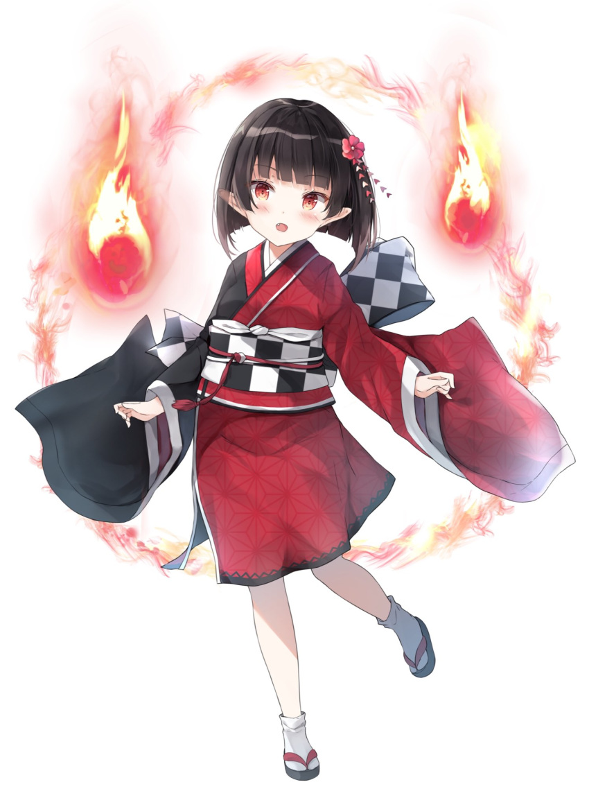 1girl bangs black_footwear black_hair black_kimono blunt_bangs blush character_request checkered commentary_request eyebrows_visible_through_hair fang fire flower hair_flower hair_ornament highres japanese_clothes kimono long_sleeves looking_at_viewer obi open_mouth pointy_ears red_eyes red_flower red_kimono saeki_sora sash short_hair short_kimono simple_background socks solo standing standing_on_one_leg tabi tokyo_conception white_background white_legwear wide_sleeves zouri