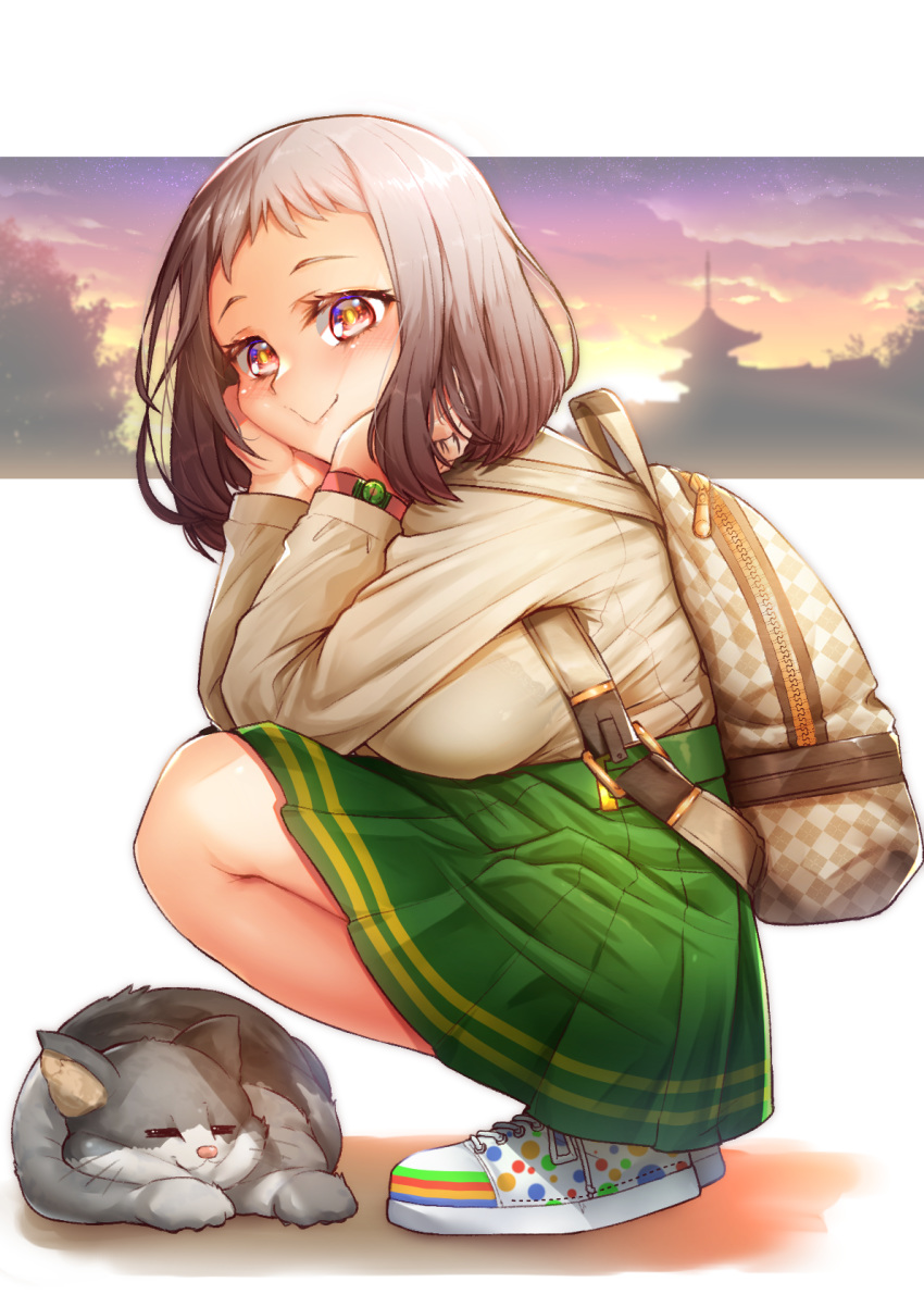 1girl :&gt; backpack bag blush bra breasts brown_hair brown_sweater cat green_skirt hands_on_own_cheeks hands_on_own_face highres large_breasts long_sleeves miniskirt neshia_(tsaqif0309) original pleated_skirt red_eyes school_uniform see-through shoes short_hair skirt sneakers solo squatting sunset sweater underwear watch watch zipper zipper_pull_tab