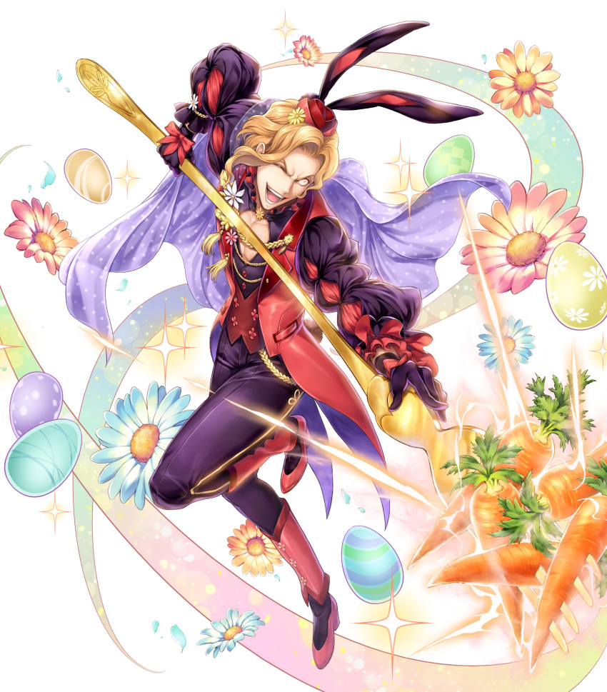 1boy alternate_costume animal_ears blonde_hair boots bow cape carrot easter_egg egg fire_emblem fire_emblem:_the_binding_blade fire_emblem_heroes flower fork full_body gloves hat highres leaf narcian_(fire_emblem) official_art one_eye_closed open_mouth rabbit_ears solo sparkle teeth transparent_background yamada_koutarou yellow_eyes