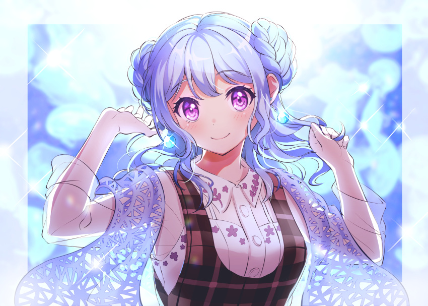 1girl alternate_hairstyle bang_dream! bangs belt blue_hair blush braid check_commentary clenched_hand closed_mouth collared_shirt commentary commentary_request double_bun earrings gen_(gen_m_gen) grey_vest hand_in_hair hand_on_own_chest highres jellyfish jewelry light_blue_hair long_hair long_sleeves looking_at_viewer matsubara_kanon open_mouth plaid plaid_vest see-through_sleeves shawl shirt skirt smile solo vest violet_eyes white_shirt white_skirt