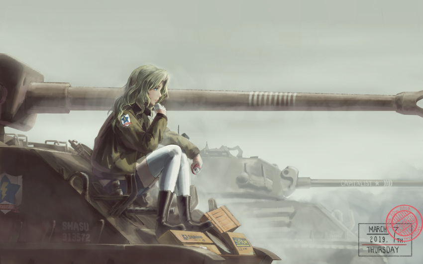 1girl bandages black_shirt blonde_hair blue_eyes blue_shorts box brown_jacket can cardboard_box closed_mouth commentary dated denim denim_shorts dust_cloud emblem english_text from_side girls_und_panzer grey_sky ground_vehicle highres holding holding_can jacket kay_(girls_und_panzer) light_frown long_hair long_sleeves m4_sherman military military_uniform military_vehicle motor_vehicle open_clothes open_jacket outdoors overcast saunders_(emblem) saunders_military_uniform shirt short_shorts shorts sitting soda_can solo spam star tank thigh-highs uniform useless white_legwear