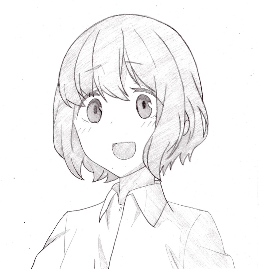 :d bangs blush collared_shirt eyebrows_visible_through_hair highres k_terukazu looking_to_the_side monochrome open_mouth scan shima_saki shirt short_hair simple_background smile swept_bangs traditional_media wavy_hair white_background yurucamp