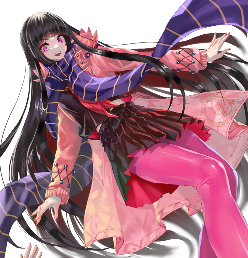 1girl black_hair black_skirt blue_scarf character_request dutch_angle fate/grand_order fate_(series) highres long_hair long_scarf looking_at_viewer nail_polish natsujiru pink_eyes pleated_skirt red_nails scarf skirt smile solo very_long_hair white_background