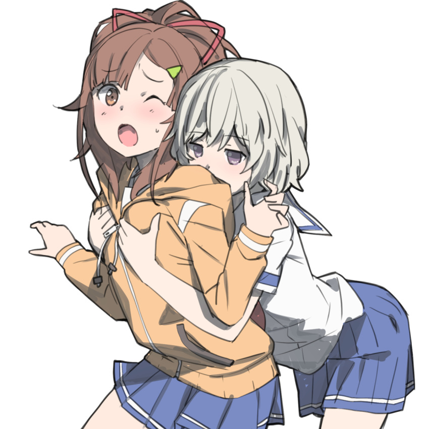 2girls asymmetrical_bangs bangs blue_skirt blush breast_grab brown_eyes brown_hair commentary cowboy_shot eyebrows_visible_through_hair frown grabbing grabbing_from_behind hair_ribbon high_school_fleet highres hood hoodie irizaki_mei jacket leaning_forward long_hair long_sleeves looking_at_viewer multiple_girls one_eye_closed onsen_tamago_(hs_egg) orange_jacket pleated_skirt ponytail red_ribbon ribbon school_uniform serafuku short_hair short_sleeves silver_hair simple_background single_horizontal_stripe skirt standing tateishi_shima violet_eyes white_background yokosuka_girls_marine_high_school_uniform zipper