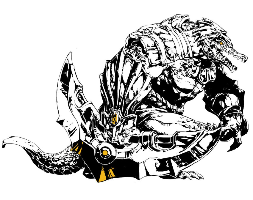 1boy alligator armor blade_(galaxist) crocodilian duto gem greyscale holding holding_weapon league_of_legends male_focus monochrome open_mouth pauldrons renekton scales sharp_teeth solo spot_color tail teeth vambraces weapon yellow_eyes