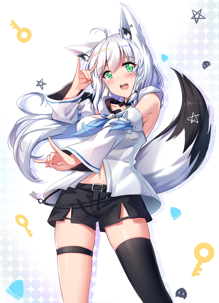 1girl :d ahoge animal_ear_fluff animal_ears bangs bare_shoulders belt belt_buckle benchen06 black_legwear black_shorts blue_neckwear blush braid breasts buckle detached_sleeves earrings eyebrows_visible_through_hair feet_out_of_frame fox_ears fox_girl fox_shadow_puppet fox_tail green_eyes highres hololive jewelry key long_sleeves medium_breasts navel neckerchief open_mouth pentagram shirakami_fubuki shirt short_hair short_shorts shorts side_braid silver_hair single_thighhigh smile solo standing star tail thigh-highs thigh_strap upskirt virtual_youtuber white_background white_shirt