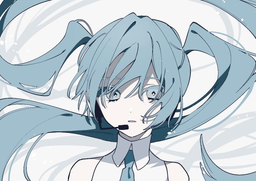 1girl arms_at_sides bare_shoulders blue_eyes blue_hair blue_neckwear blue_theme close-up collared_shirt colored_eyelashes dot_nose expressionless face floating_hair grey_background grey_theme hair_between_eyes half-closed_eyes hatsune_miku headset light_particles long_hair looking_at_viewer naomato necktie parted_lips shaded_face shirt sidelocks simple_background sleeveless sleeveless_shirt solo twintails upper_body very_long_hair vocaloid white_shirt