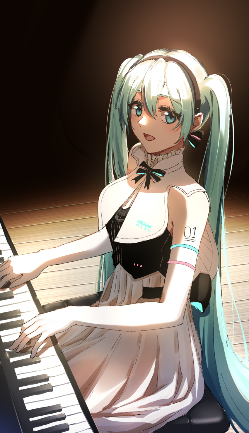 1girl bare_shoulders black_hairband black_ribbon blue_eyes blue_hair breasts character_name clothes_writing darkness dress elbow_gloves eyebrows_visible_through_hair eyelashes gloves hair_between_eyes hairband hatsune_miku high_collar highres indoors instrument long_hair looking_away miku_symphony_(vocaloid) missholmes music neck_ribbon number_tattoo open_mouth piano piano_bench playing_instrument ribbon shaded_face shadow shoulder_tattoo sitting sleeveless sleeveless_dress small_breasts solo spotlight straight_hair tattoo twintails very_long_hair vocaloid white_dress white_gloves wooden_floor