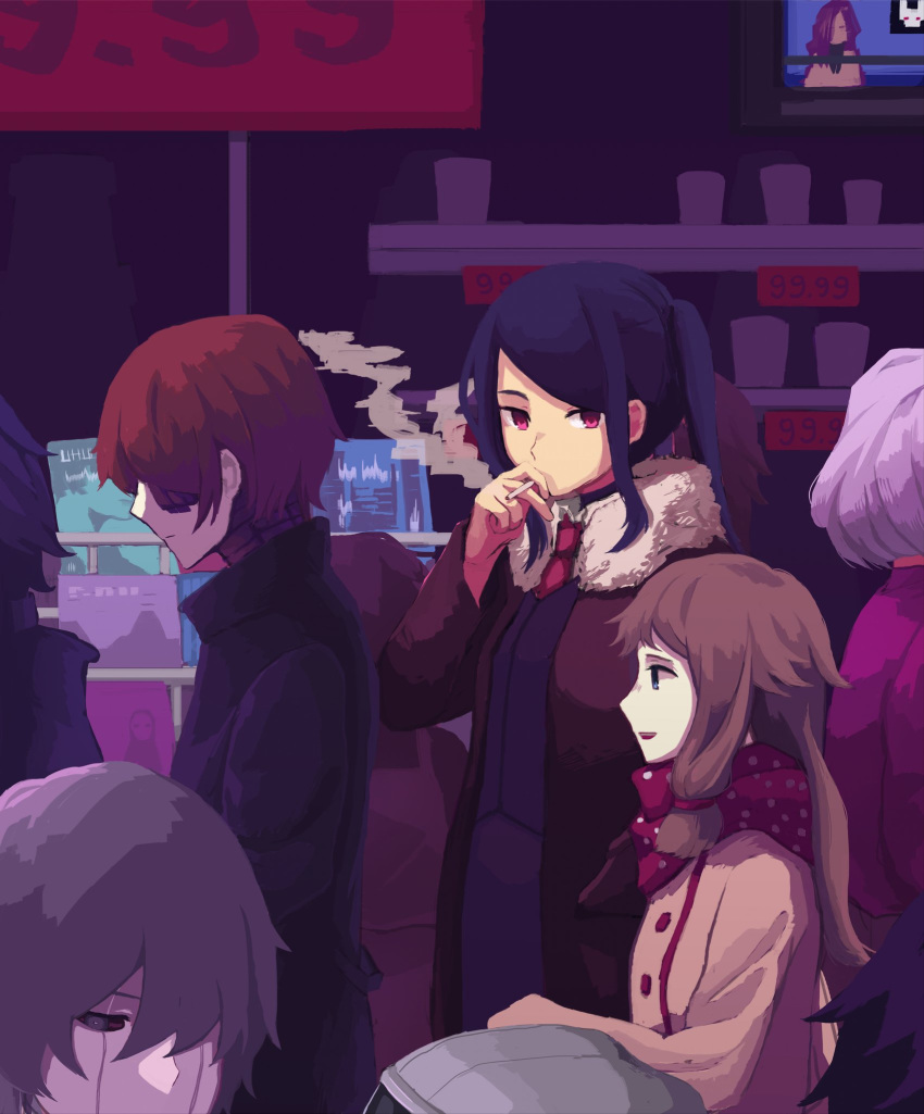 2girls android artist_request brown_hair cigarette crowd fur_collar gabriella_(va-11_hall-a) highres jacket jill_stingray looking_at_viewer multiple_girls necktie purple_hair redhead smoking television va-11_hall-a