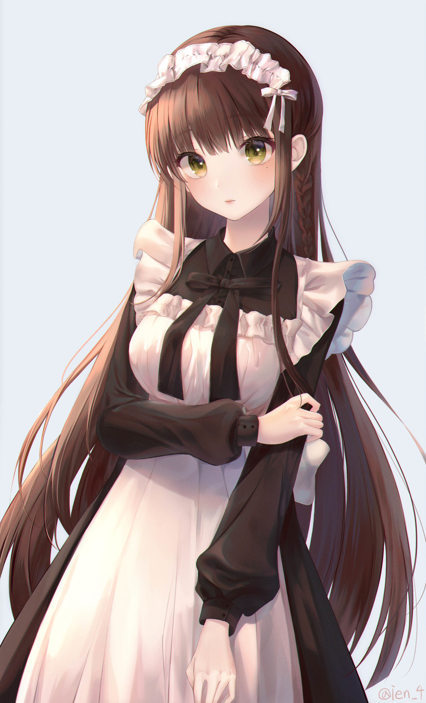 1girl absurdres artist_name breasts brown_hair closed_mouth expressionless eyebrows_visible_through_hair green_eyes highres ien_4 large_breasts long_hair long_sleeves looking_at_viewer maid maid_headdress original solo twitter_username very_long_hair