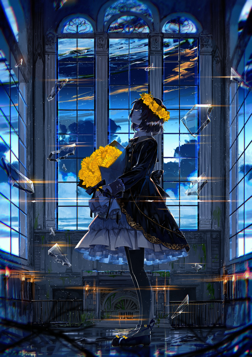 1girl absurdres black_footwear black_hair black_jacket blue_eyes bouquet bow clouds dress floating floating_object flower fuuna_(conclusion) glass head_wreath highres holding holding_bouquet indoors jacket looking_up original short_hair solo window yellow_flower