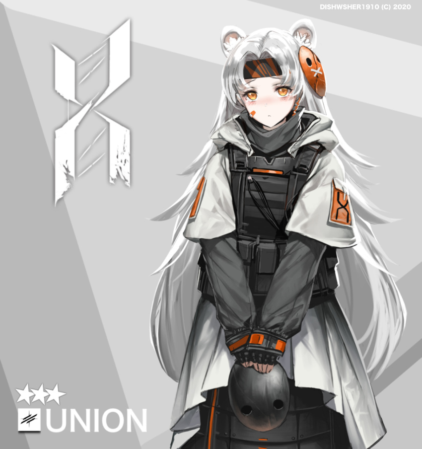 1girl animal_ears arknights armor bandaid bangs commentary dishwasher1910 english_commentary fingerless_gloves frown gloves headband highres holding holding_mask logo long_hair long_sleeves looking_at_viewer mask mask_on_head mask_removed orange_eyes parted_bangs reunion_soldier_(arknights)_(dishwasher1910) sanpaku short_over_long_sleeves short_sleeves silver_hair solo standing star v_arms very_long_hair vest