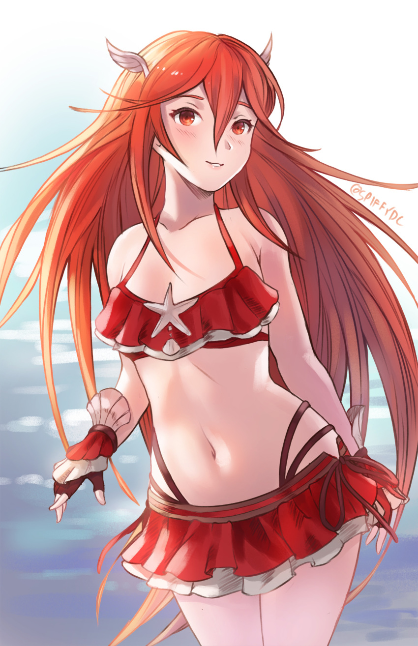 1girl bikini bikini_skirt cordelia_(fire_emblem) cute fingerless_gloves fire_emblem fire_emblem:_kakusei fire_emblem_13 fire_emblem_awakening fire_emblem_heroes gloves hair_ornament highres intelligent_systems long_hair navel nintendo parted_lips red_eyes redhead solo spiffydc summer super_smash_bros. swimsuit tiamo_(fire_emblem) twitter_username