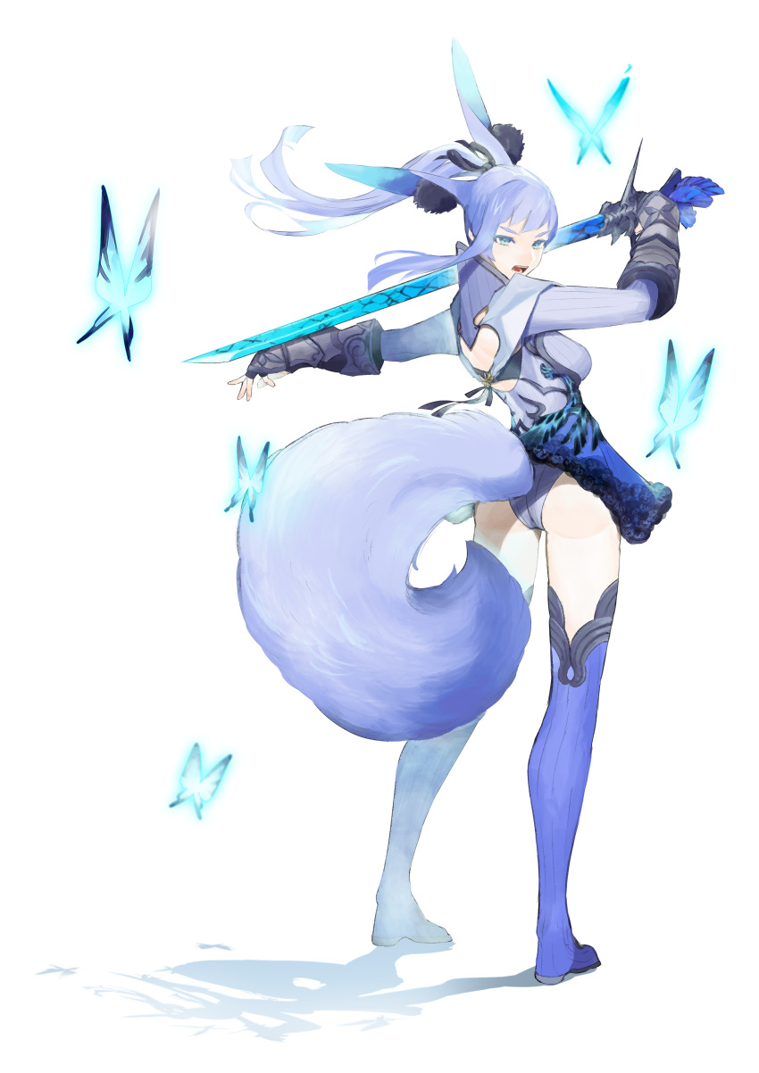 1girl absurdres animal_ear_fluff animal_ears back black_gloves black_ribbon blue_eyes blue_hair blue_legwear bug butterfly fingerless_gloves gloves glowing glowing_butterfly hair_ribbon highres holding holding_sword holding_weapon insect long_hair looking_back open_mouth original ponytail ribbon shadow shio_(oxstl) simple_background standing sword tail teeth tongue vambraces weapon white_bag