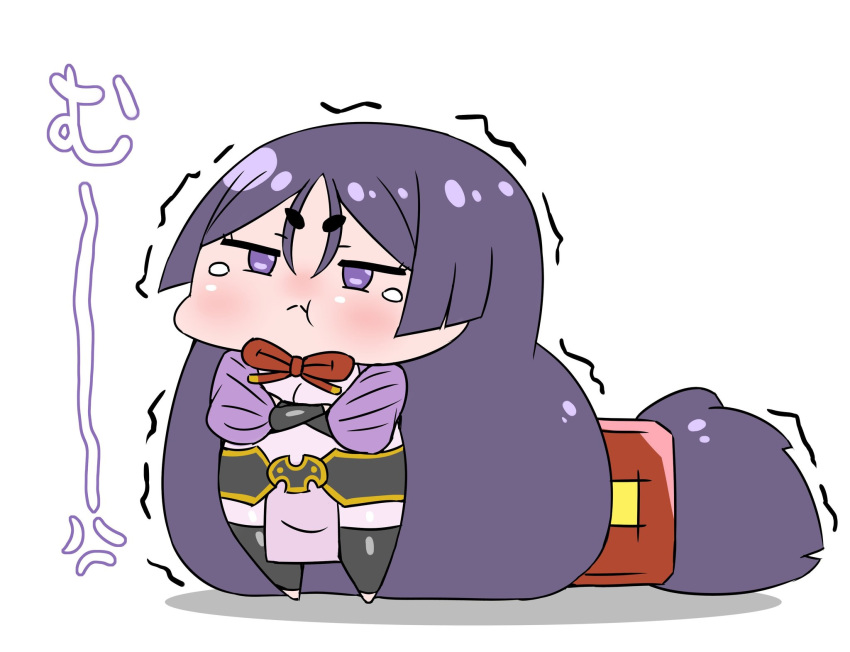 1girl :&lt; absurdly_long_hair anger_vein bangs chibi crossed_arms fate/grand_order fate_(series) frown highres long_hair low-tied_long_hair minamoto_no_raikou_(fate/grand_order) parted_bangs purple_hair rei_(rei_rr) solo tears translated trembling very_long_hair violet_eyes