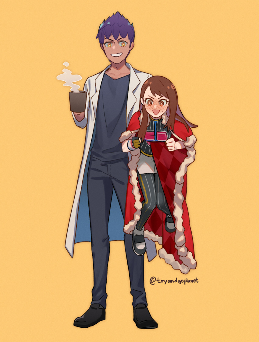 1boy 1girl bangs black_footwear black_hair black_legwear black_pants black_shirt blush brown_eyes brown_hair cape carrying_under_arm chanman_517 clenched_hands coat coffee_mug cup dark_skin embarrassed gloves grin highres holding holding_cup holding_person hop_(pokemon) labcoat long_hair looking_at_viewer miniskirt mug older open_mouth orange_gloves pants pantyhose pencil_skirt pokemon pokemon_(game) pokemon_swsh red_cape shirt shoes single_glove skirt smile standing steam striped striped_legwear striped_shirt sweatdrop vertical-striped_legwear vertical-striped_shirt vertical_stripes white_coat white_skirt wristband yellow_eyes yuuri_(pokemon)