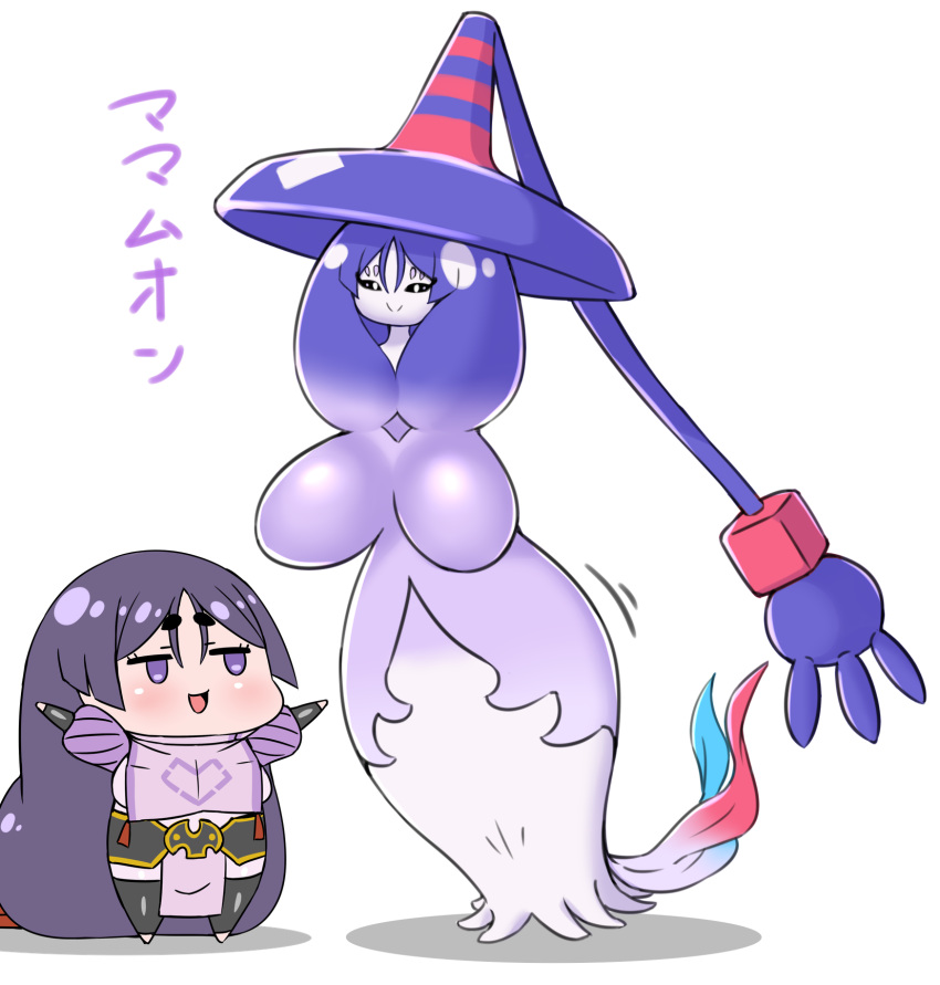 1girl absurdly_long_hair alternate_color bangs chibi crossover fate/grand_order fate_(series) gen_8_pokemon hatterene highres long_hair low-tied_long_hair minamoto_no_raikou_(fate/grand_order) open_mouth outstretched_arms parted_bangs pokemon purple_hair rei_(rei_rr) smile translation_request very_long_hair violet_eyes