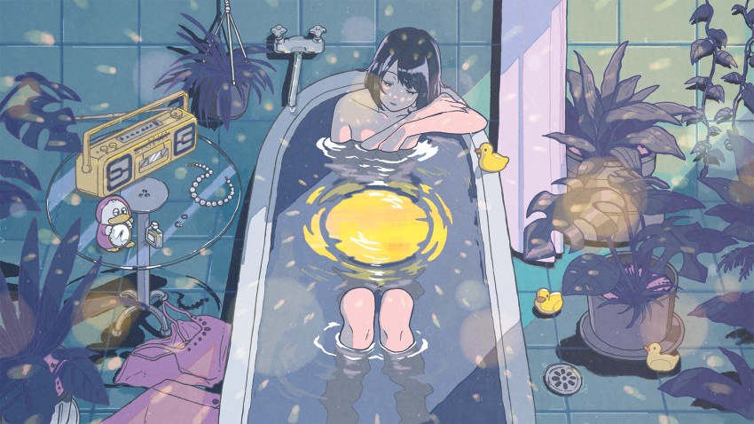 1girl bathing bathroom bathtub bottle brown_hair clock commentary fern glass_table half-closed_eyes highres junngoro knees_up lens_flare nude original partially_submerged plant potted_plant radio reflection ripples rubber_duck short_hair solo table vocaloid