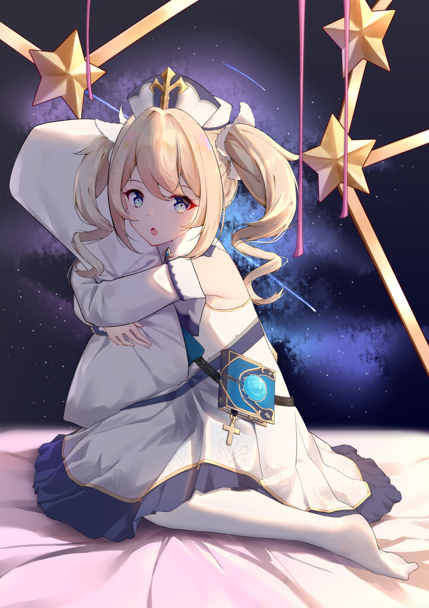 1girl absurdres bangs bare_shoulders bed_sheet black_headwear blonde_hair blue_eyes body_pillow book detached_sleeves dress eyebrows_visible_through_hair falling_star full_body hair_between_eyes hat highres kuo_(kuo114514) latin_cross long_hair long_sleeves looking_at_viewer mini_hat no_shoes open_mouth original pantyhose pillow pillow_hug ringlets sidelocks sitting soles solo star twintails wariza white_dress white_legwear white_sleeves