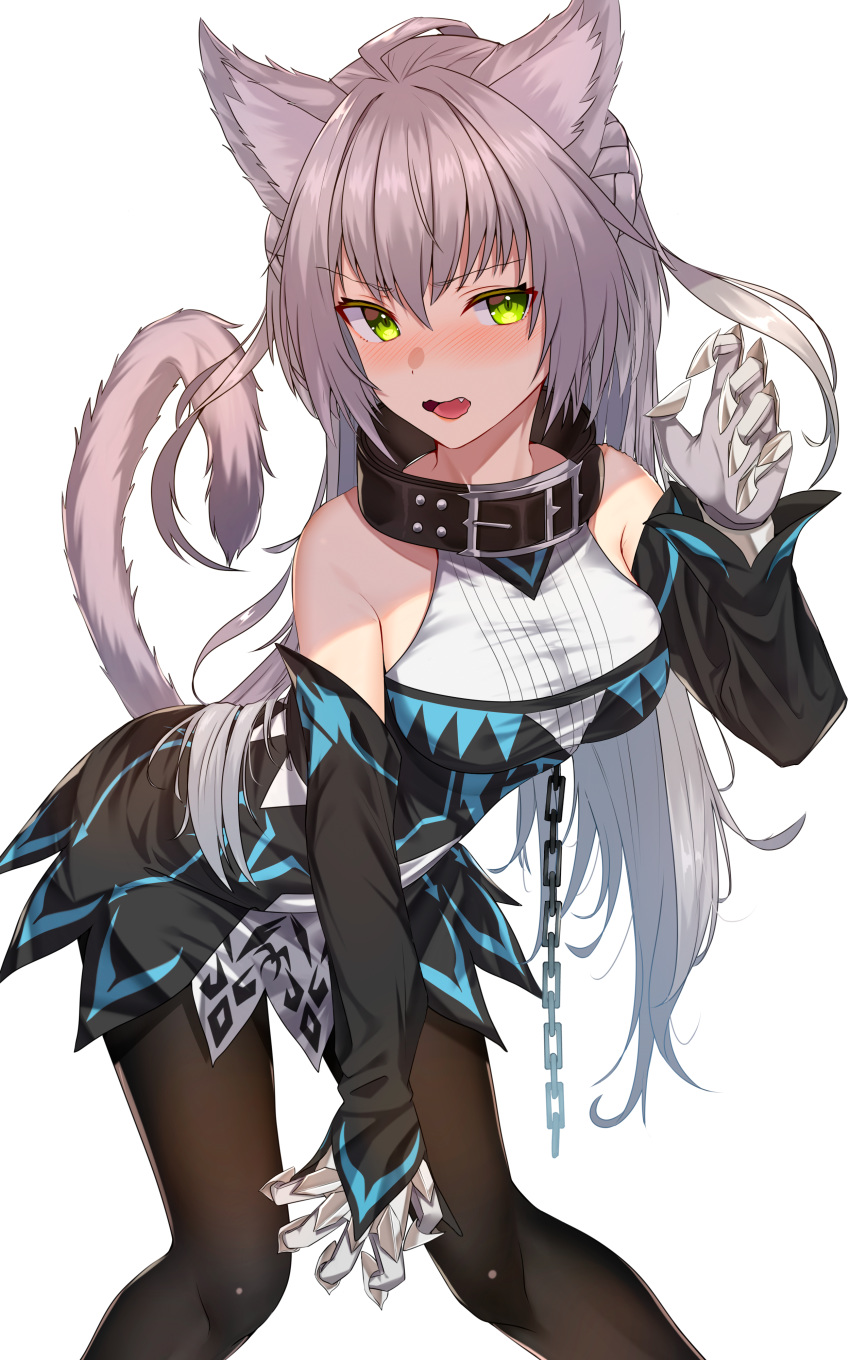 1girl absurdres ahoge animal_ears atalanta_(alter)_(fate) atalanta_(fate) bangs bare_shoulders belt_collar black_collar black_dress black_legwear blush braid breasts cat_ears cat_tail chain claws collar dress fate/apocrypha fate_(series) french_braid green_eyes grey_hair hair_between_eyes highres jun_(540000000000000) long_hair long_sleeves looking_at_viewer open_mouth simple_background solo tail white_background
