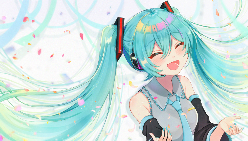 1girl :d ^_^ bare_shoulders blue_hair blue_nails blue_neckwear blush breasts close-up closed_eyes collared_shirt colorful detached_sleeves dot_nose eyelashes fingernails from_above grey_background grey_shirt hair_between_eyes hands_up hatsune_miku headset highres light_particles long_hair multicolored multicolored_hair necktie open_mouth petals saiga_(haigakiko_39) shadow shiny shiny_hair shirt sidelocks simple_background small_breasts smile solo streamers twintails upper_body very_long_hair vocaloid