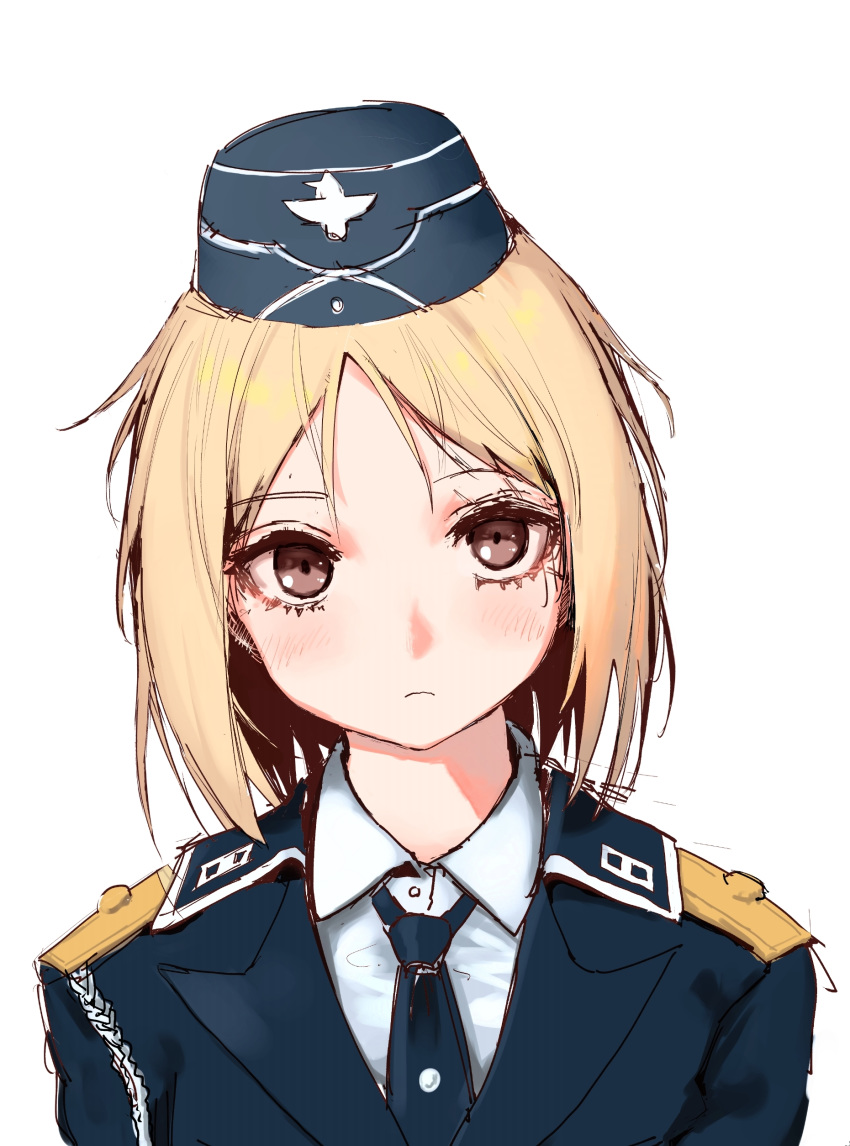 1girl absurdres akitaka_takaaki bangs blonde_hair blue_neckwear blush brown_eyes closed_mouth eyebrows_visible_through_hair girls_frontline hat highres military military_uniform mp40_(girls_frontline) necktie short_hair simple_background solo uniform upper_body white_background